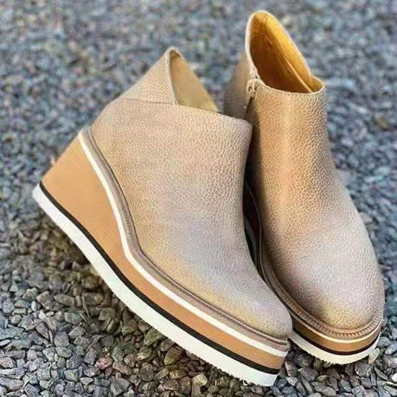 Plus Size Wedge Flats for Women 2025 Autumn and Winter New European and American Flats Side Zipper Round Toe Pure Color Nude Boots Thick Sole Flats Plus Size Wedge Flats for Women 2025 Autumn and Winter New European and American Flats Side Zipper Round Toe Pure Color Nude Boots Thick Sole Flats