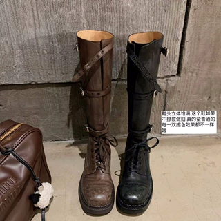 羊皮版~miu时髦精皮带扣复古粗跟长筒骑士靴女真皮厚底长靴高筒靴