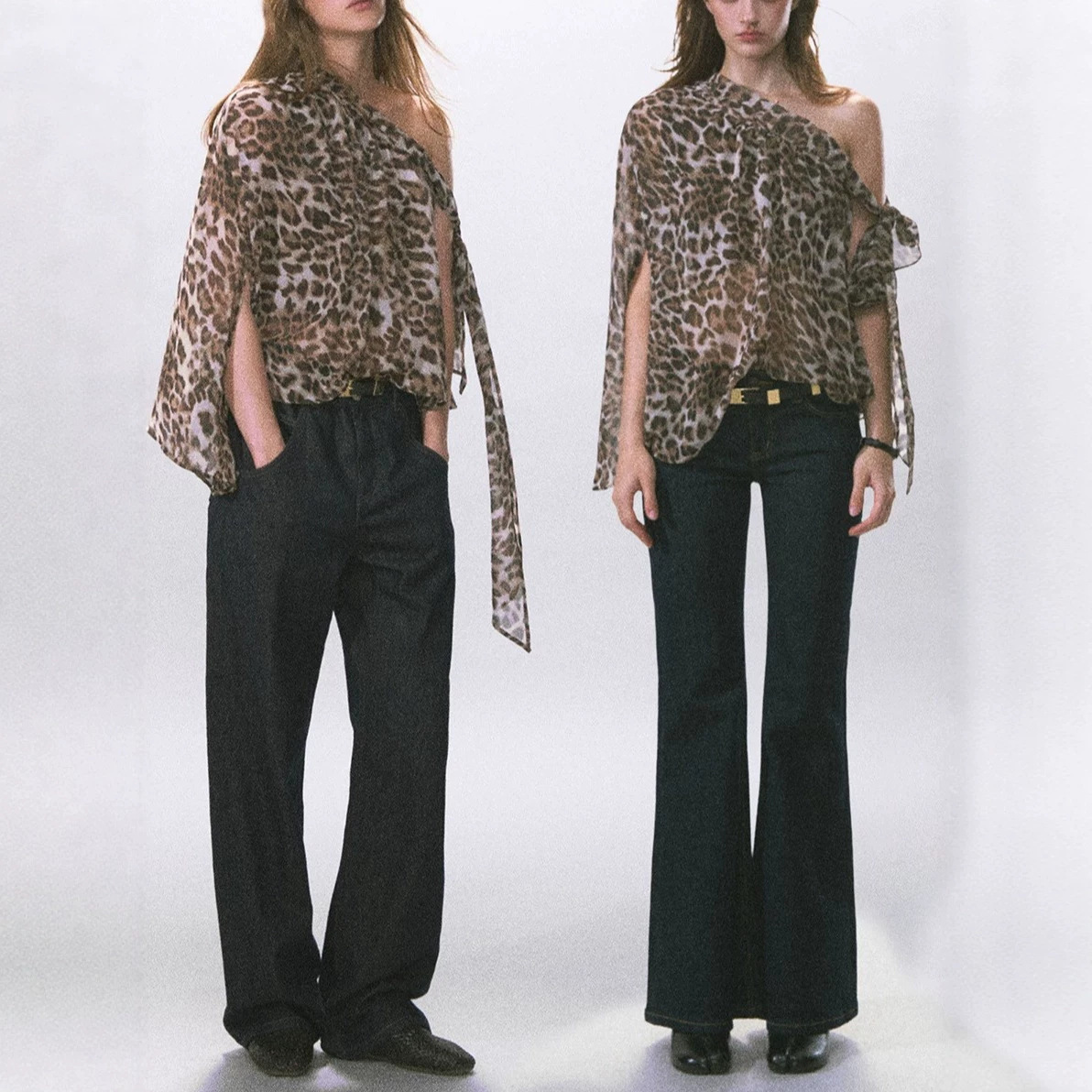 ANDYE AD Leopard Print Off-Shoulder Cape Chiffon Top, Summer Loose-Fitting American Chic Shirt, Slimming Ribbon Vest