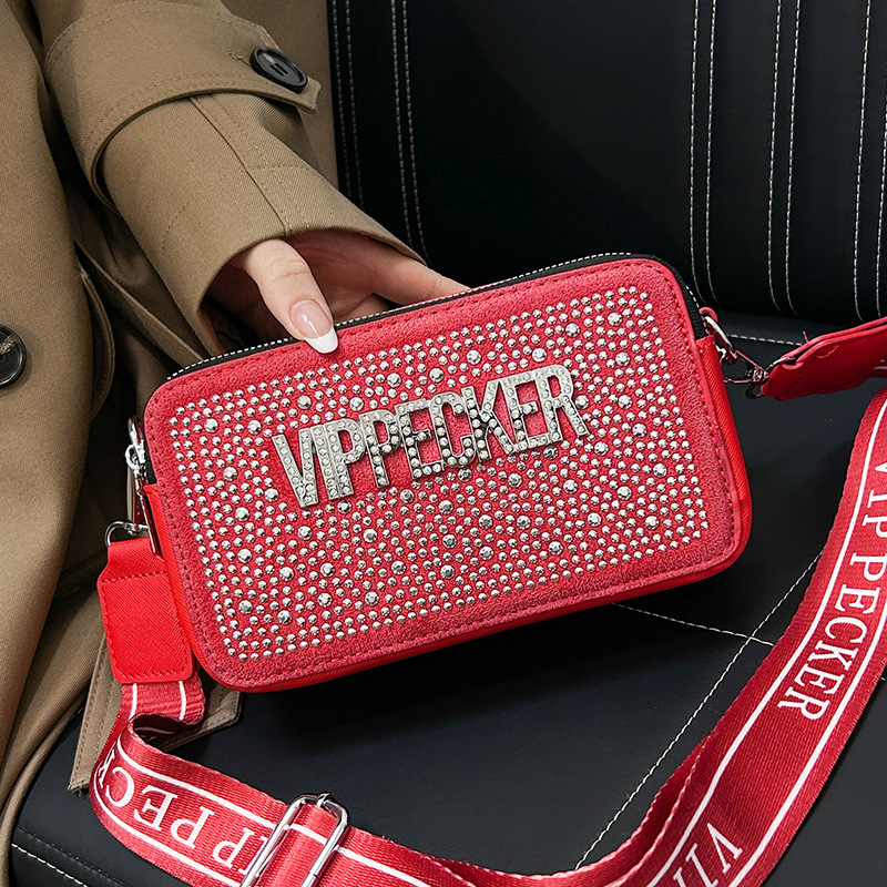 Bolso bandolera ancho Bolso cuadrado pequeño de diamantes de imitación de estilo explosivo popular Mujer 2025 Bolso de cámara de moda de nuevo estilo transfronterizo