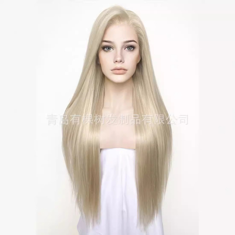 European and American wig Amazon new matte high temperature silk chemical fiber front lace headgear white gold long straight hair a generation