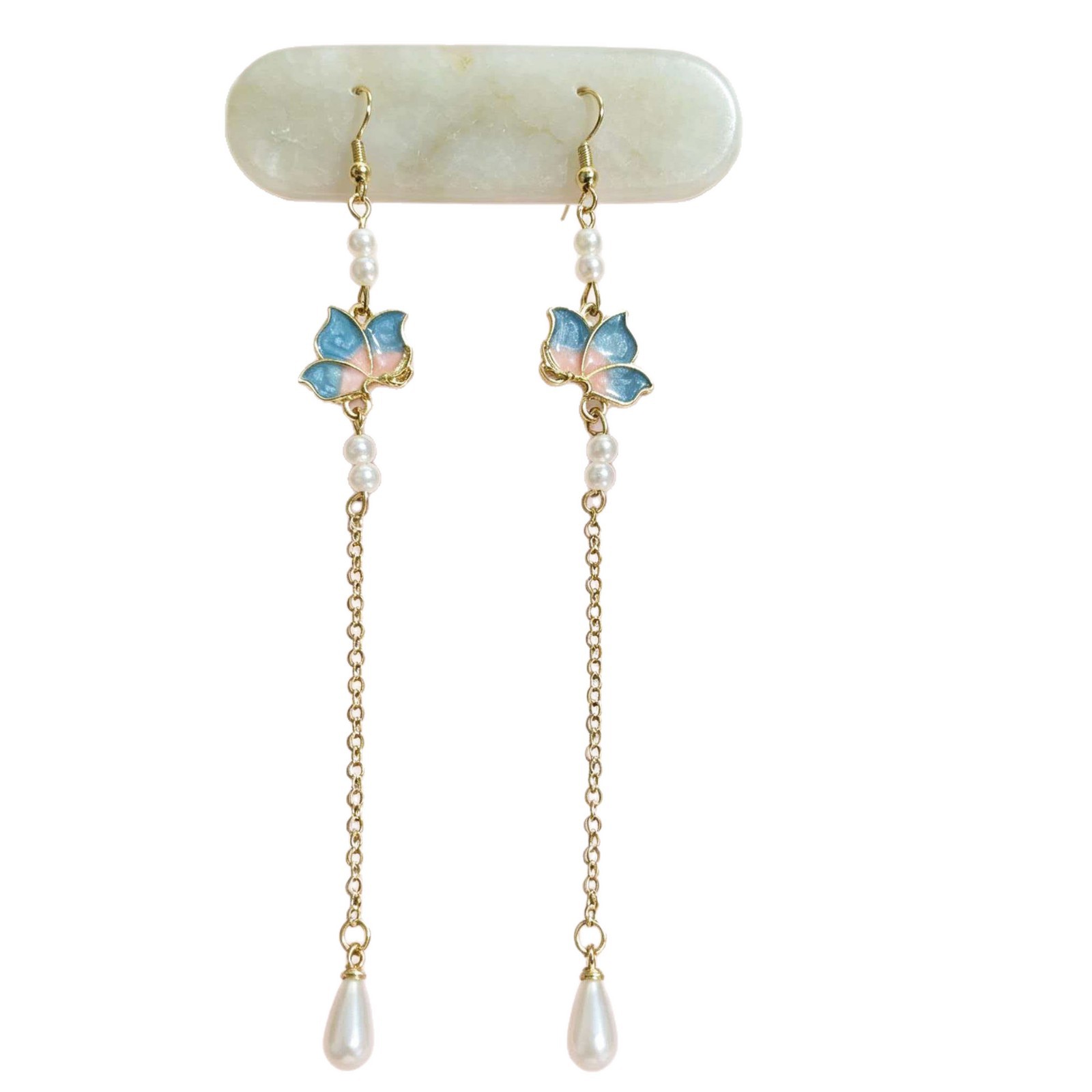 Joyas de orejas de mariposa azul rosa, aretes de estilo chino, aretes antiguos, gotas de agua, ganchos de orejas largos, vestidos chinos, aretes de cheongsam
