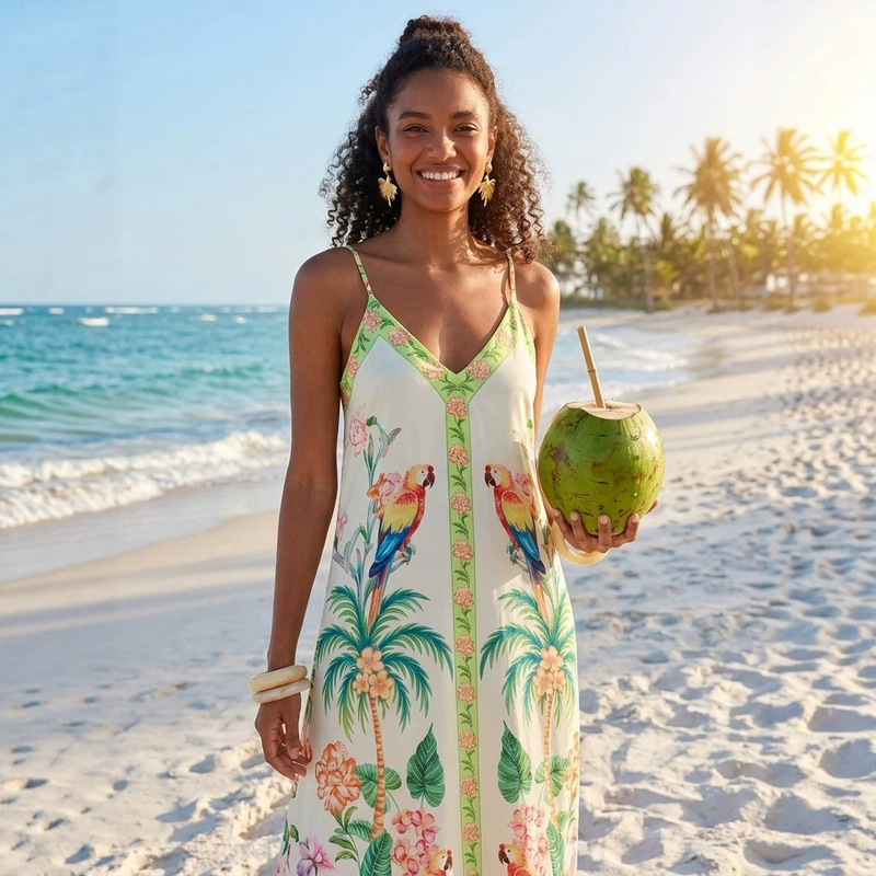 Cross-Border Hot-Selling Tropical Style Printed Spaghetti Strap Dress, Loose-Fitting and Slimming Vacation-Style Cotton and Linen Long Beach Dress Cross-Border Hot-Selling Tropical Style Printed Spaghetti Strap Dress, Loose-Fitting and Slimming Vacation-Style Cotton and Linen Long Beach Dress