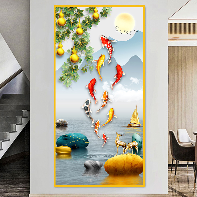 入户玄关装饰画正对门九鱼图走廊过道挂画轻奢背景墙贴画自粘壁画|undefined