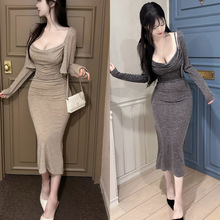韩国东大门春夏新款气质褶皱吊带连衣裙长裙长袖短款开衫两件套