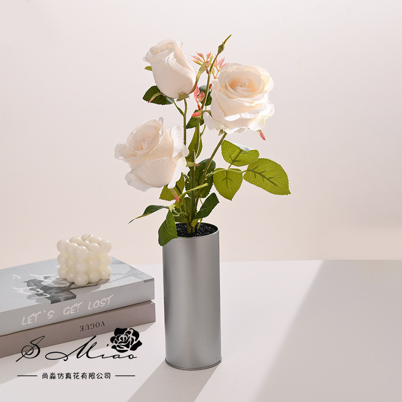 Flores simuladas de tres cabezas de rosa pequeña decoración creativa bonsai fábrica de decoración directa para plantas verdes artificiales falsas macetas simuladas image 20
