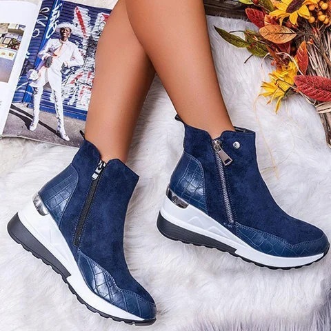 Cross-border low-top warm round toe winter solid color wedge heel side zipper brown women's Martin boots thick-soled snow boots