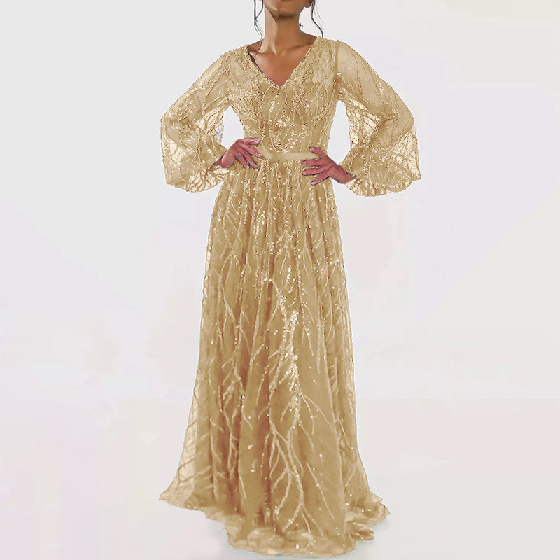 2025 vestido de lentejuelas europeo y americano transfronterizo simple con lentejuelas con cuello en V vestido de fiesta largo con cordones