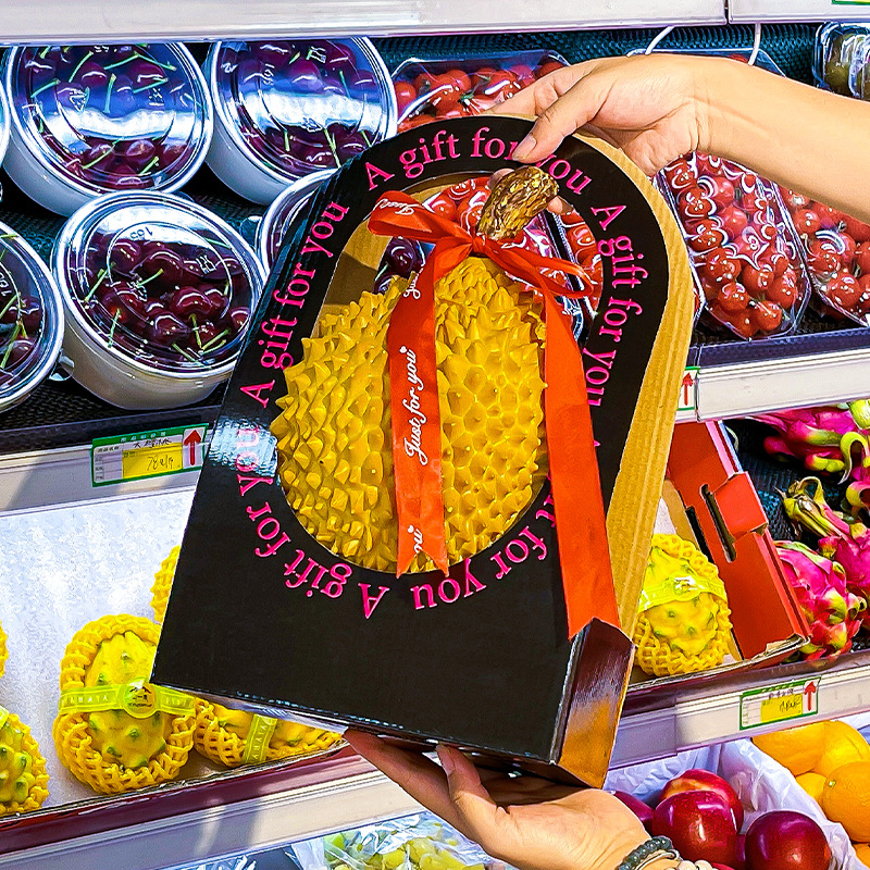 网红·手提榴莲纸袋镂空包装礼盒^非常适合放一颗整粒装榴莲哦