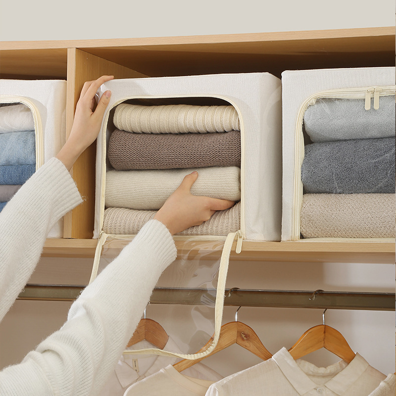 衣柜衣服窄款收纳箱布艺可折叠卧室四件套整理箱大视窗棉麻收纳箱