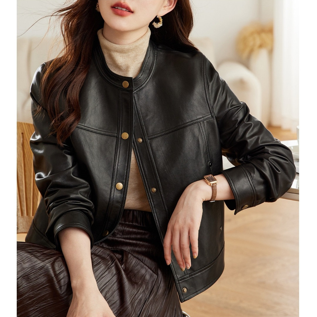 Retro-Style Long-Sleeved High-End Leather Jacket with Small Round Collar for Women, Short Style for Spring and Autumn, Trendy and Stylish Biker Jacket
