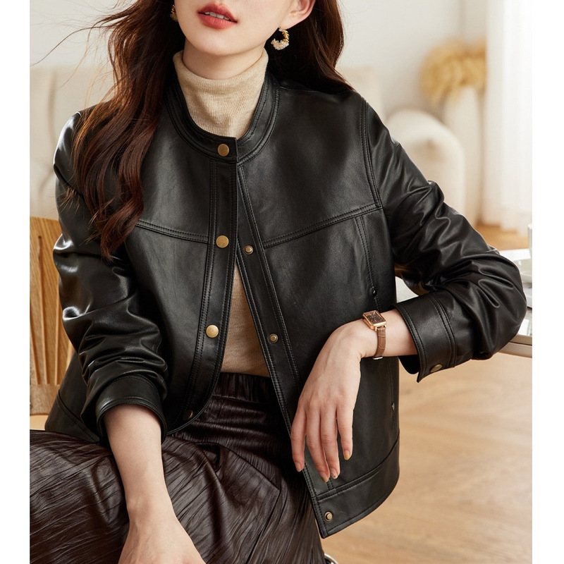 Retro-Style Long-Sleeved High-End Leather Jacket with Small Round Collar for Women, Short Style for Spring and Autumn, Trendy and Stylish Biker Jacket Retro-Style Long-Sleeved High-End Leather Jacket with Small Round Collar for Women, Short Style for Spring and Autumn, Trendy and Stylish Biker Jacket