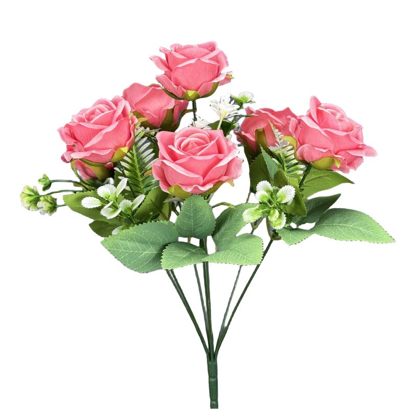 Simulación de 7 rosas rojas hechas a mano ramo de rosas bodas decoración del hogar decoración floral falsa adornos al por mayor