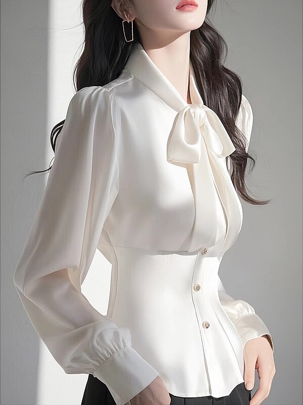 2025年春秋白色蝴蝶结衬衫女高级感轻奢减龄洋气独特漂亮收腰上衣|undefined