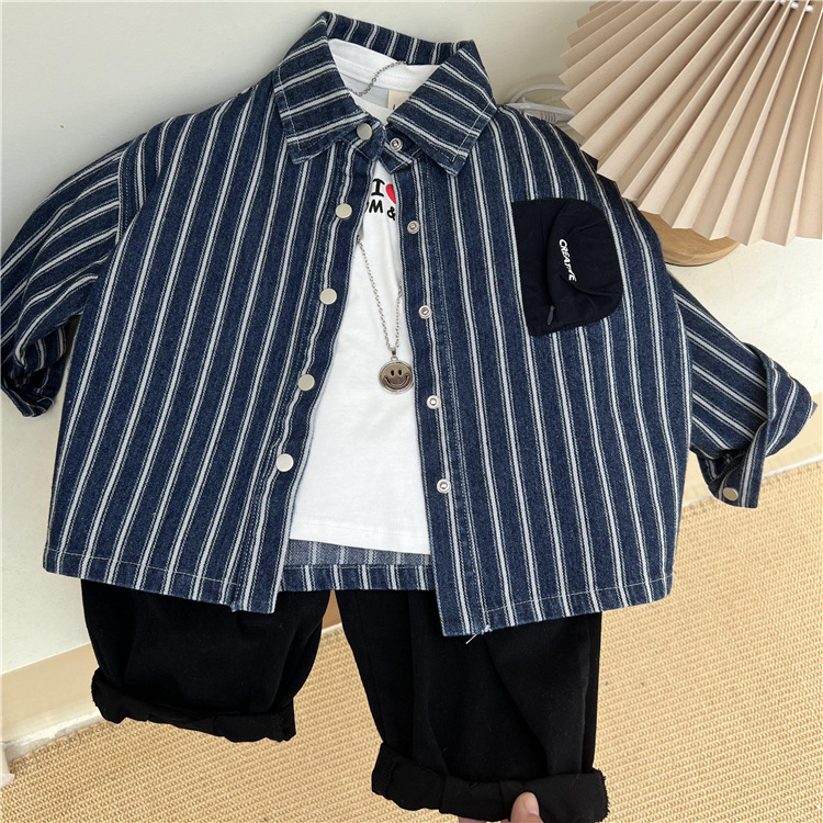 23 Îmbrăcăminte coreeană pentru copii, produs nou de toamnă, cămașă pentru băieți și fete, cu dungi verticale, rever, casual, din denim gros, exterior_voghion.com