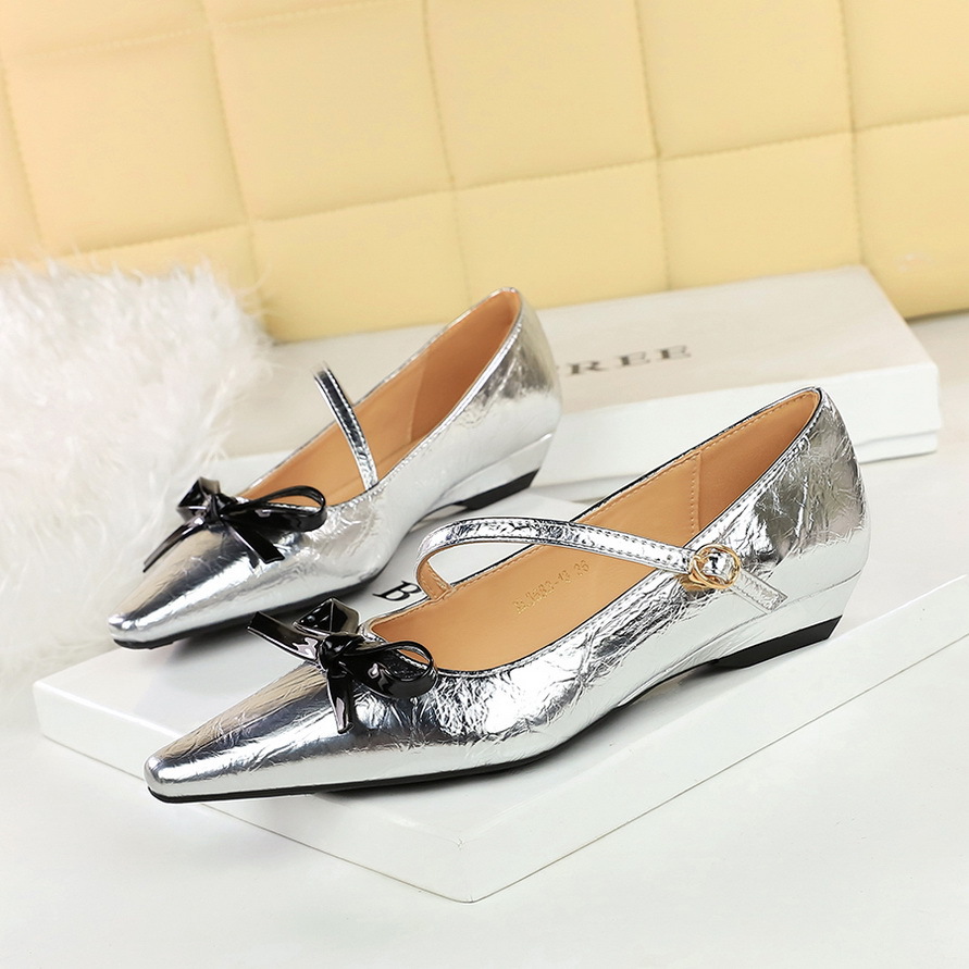 3683-2H81 European And American Style Pointed Toe Shallow Mouth One-Strap Women's With Bow Low Heel Comfortable Wedge_vogvips.com