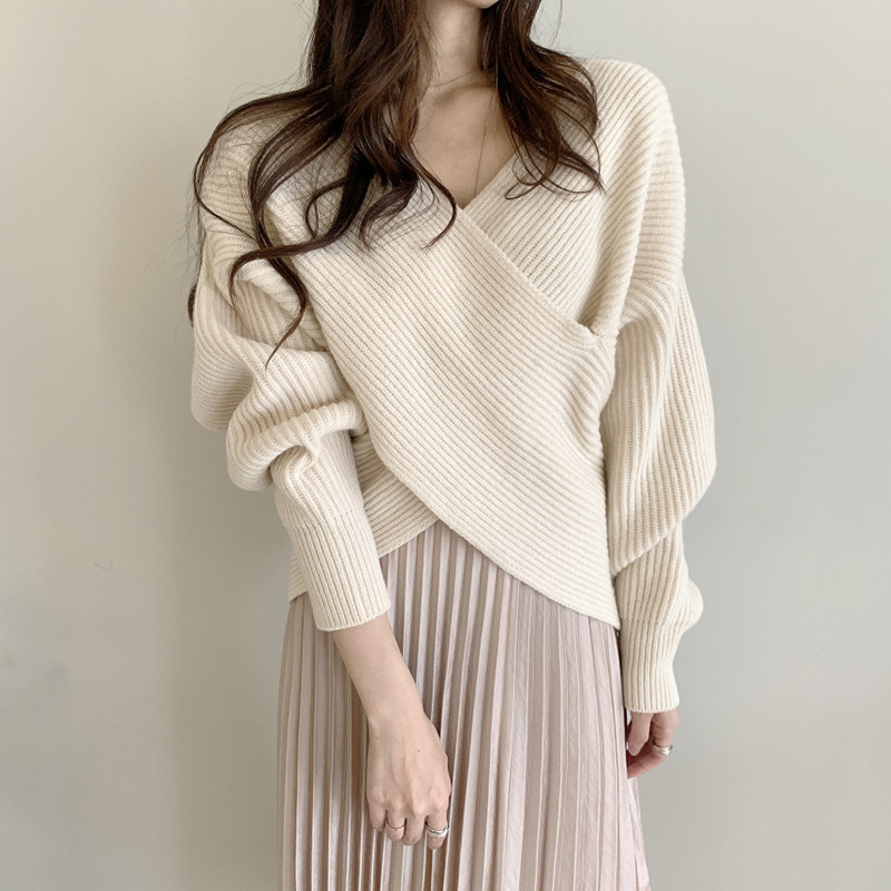 Suéter de punto holgado con cuello en V cruzado, estilo retro francés, chic coreano, para mujer, estilo corto, para otoño