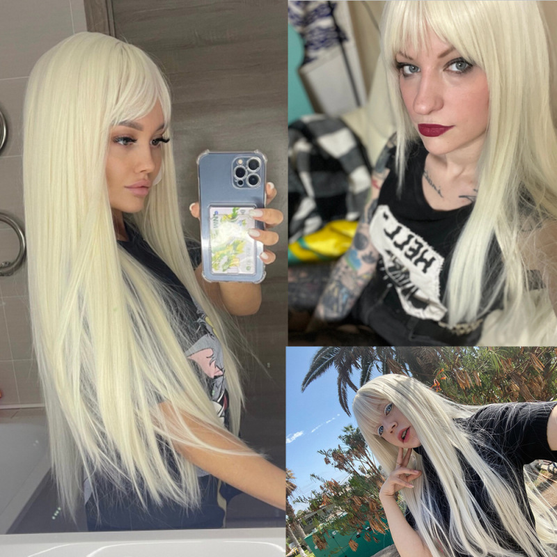 クロスボーダーヨーロッパとアメリカのファッションウィッグ女性用 30inch ライトブロンドの前髪ロングストレート化学繊維ウィッグ|undefined