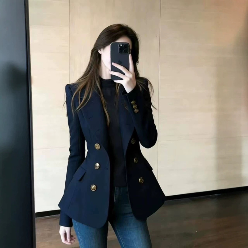 Elegant navy blue double-breasted suit for women, 2026 spring/autumn new collection, fitted long-sleeve jacket, trendy top Elegant navy blue double-breasted suit for women, 2026 spring/autumn new collection, fitted long-sleeve jacket, trendy top