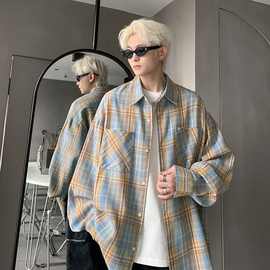 韩系复古格子衬衫男长袖ins春春秋潮牌百搭宽松学生休闲衬衣外套