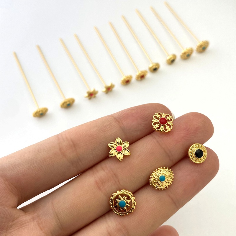 铜镀18K金花托T字针保色小花小轮胎滴油平头针diy手工饰品配件