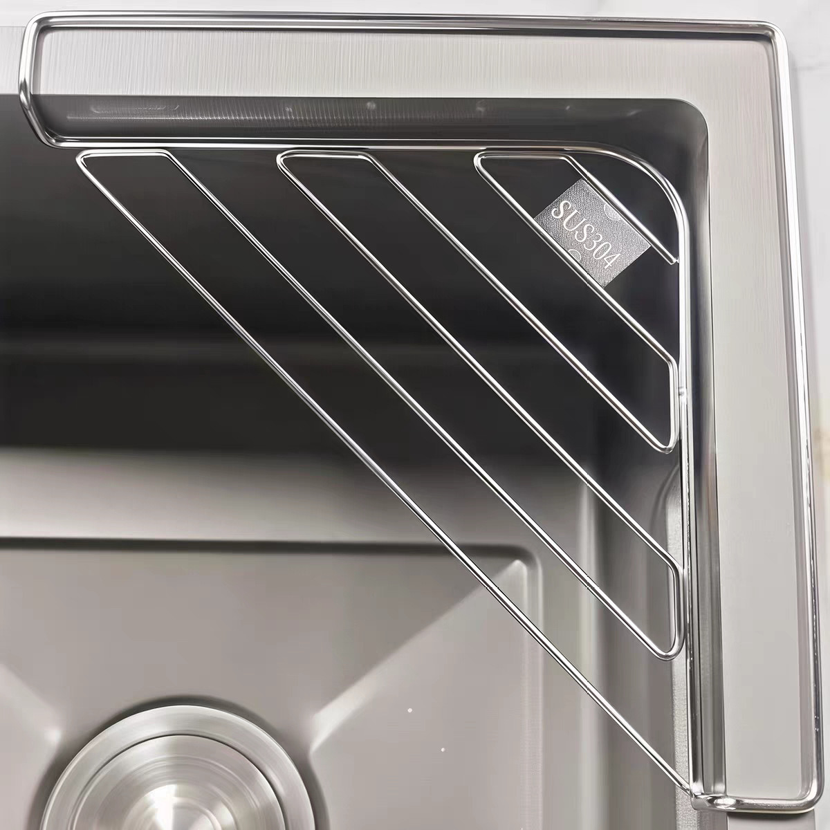 Triangular Sink Drain Rack, No Hooks, No Nails, All 304 Stainless Steel Sponge Drain Rack, Triangular Drain Shelf