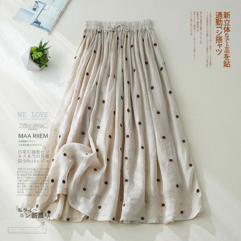 夏の新スタイル日本オリジナルコットンとリネンのスカート女性のための大きな裾ハイウエスト二層ラミー A ライン水玉ロングスカート|undefined