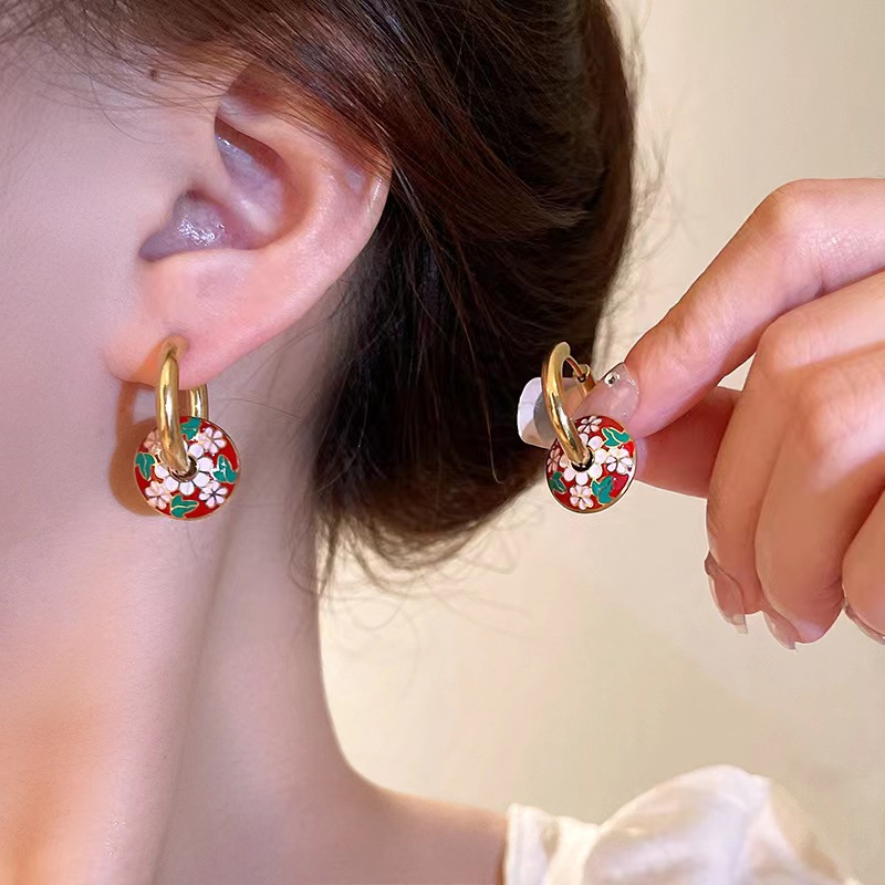 304 Stainless Steel 18K Gold Plated Retro Enamel Plating Round Flower Earrings Necklace display picture 4