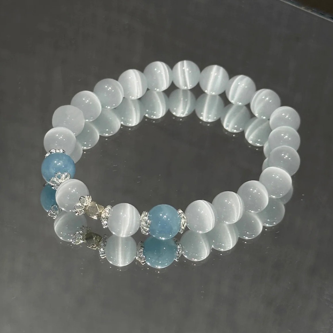 Imitation of natural aquamarine cat's eye bracelet small fresh sea salt clear feeling water reverse retreat scattered good luck 2025 hand
