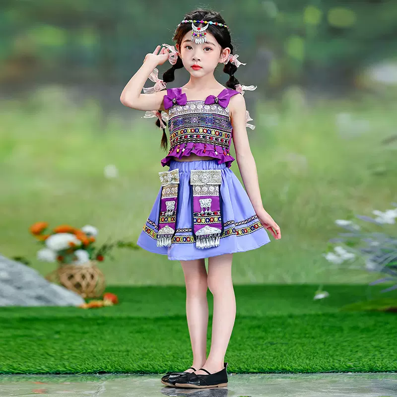 新款哈尼族侗族瑶族壮族服装少数民族服饰儿童演出服蝴蝶结上衣女