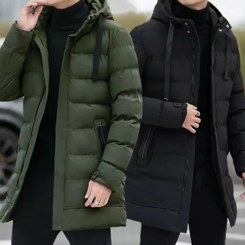 Long winter men's down jacket with hood, mid-length