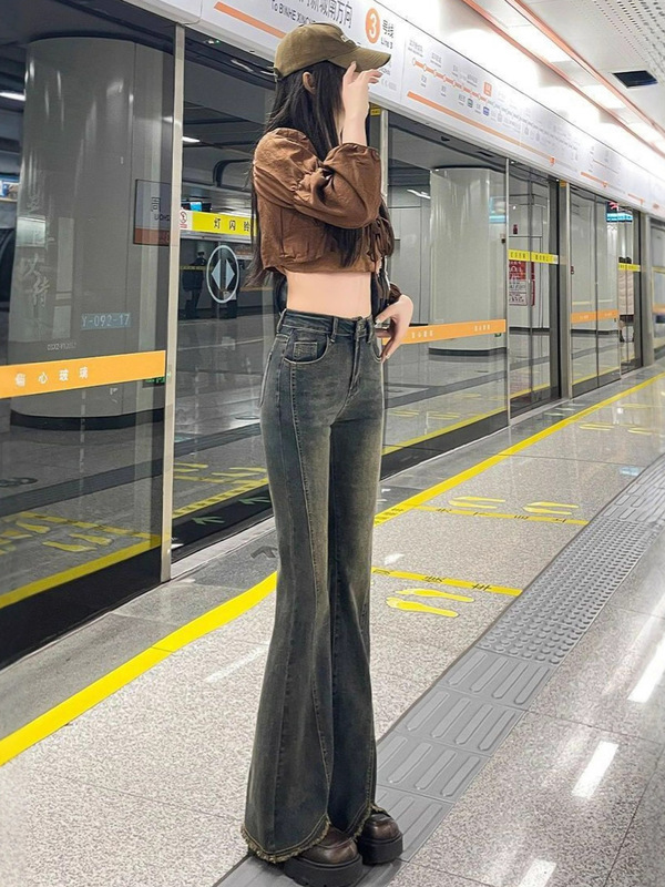 大码做旧毛边微喇叭牛仔裤女春夏季高腰修身胖mm拖地显瘦马蹄长裤|undefined