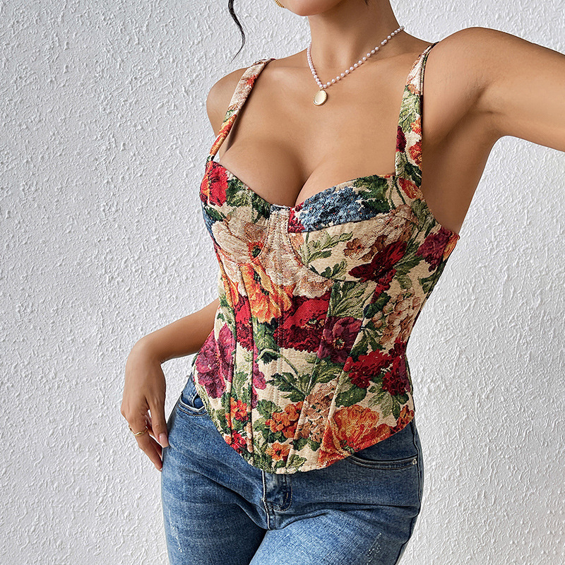 Canotta donna retro floreale slim fit bustier corsetto top_voghion.com