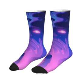 POD 印花跨境爆款专供紫粉渐变星空人像插画中筒袜