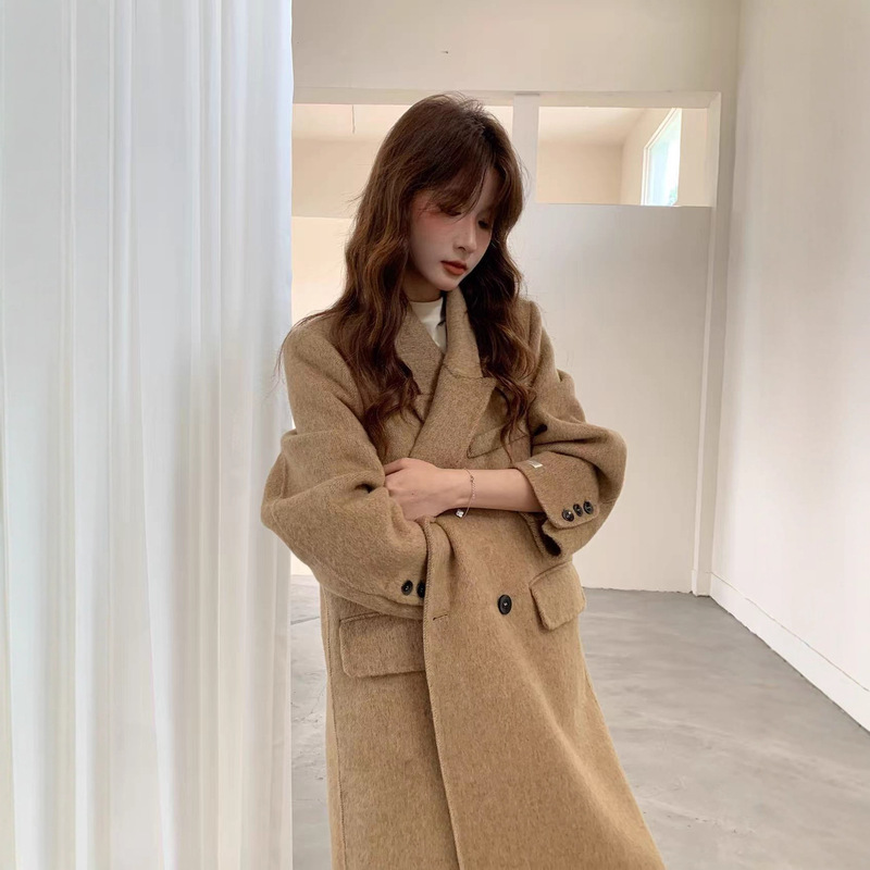 Korean Style Casual Double-Sided Wool Outwear for Women in Autumn and Winter New Style Right Shoulder Slimming Look Mid-Length Woolen Outwear for Women