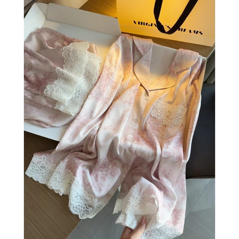 Purple Floral Ice Silk Pajamas for Women, New Autumn Lace Long-Sleeve Long-Pants Cardigan Ice Silk Home Wear Set Purple Floral Ice Silk Pajamas for Women, New Autumn Lace Long-Sleeve Long-Pants Cardigan Ice Silk Home Wear Set