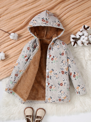 Girls 'coat in winter, new floral hooded European and American style coat for girls, medium and long loose plush coat, trendy