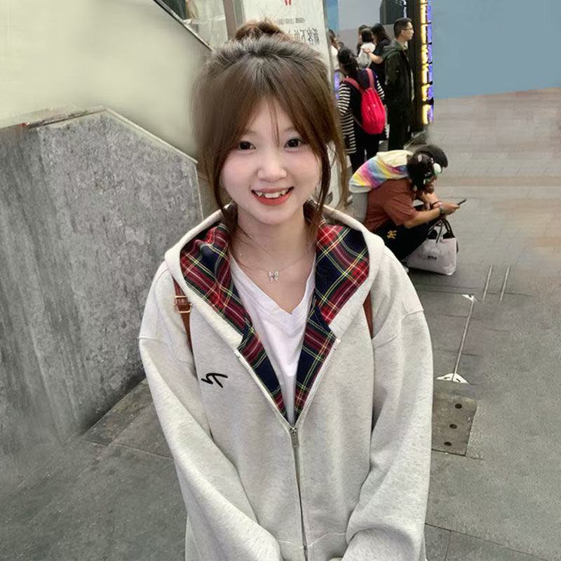 美式灰色连帽卫衣外套女秋冬新款宽松慵懒风撞色格子拼接拉链开衫|undefined