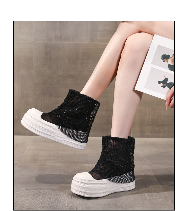 Boot cổ thấp nữ đế dày tăng chiều cao, lưới thoáng khí đính đá rhinestone — màu đen, màu trắng chi tiết 14