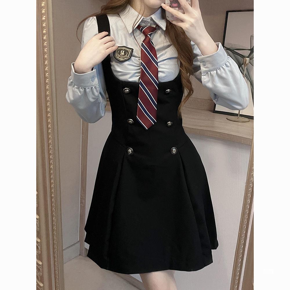 RUODIE COLLEGE 스타일 원피스 유니폼 가을 및 겨울 미국 세트 장난스럽고 활기찬 캠퍼스 원피스 왕실 자매 스트랩 원피스 하이