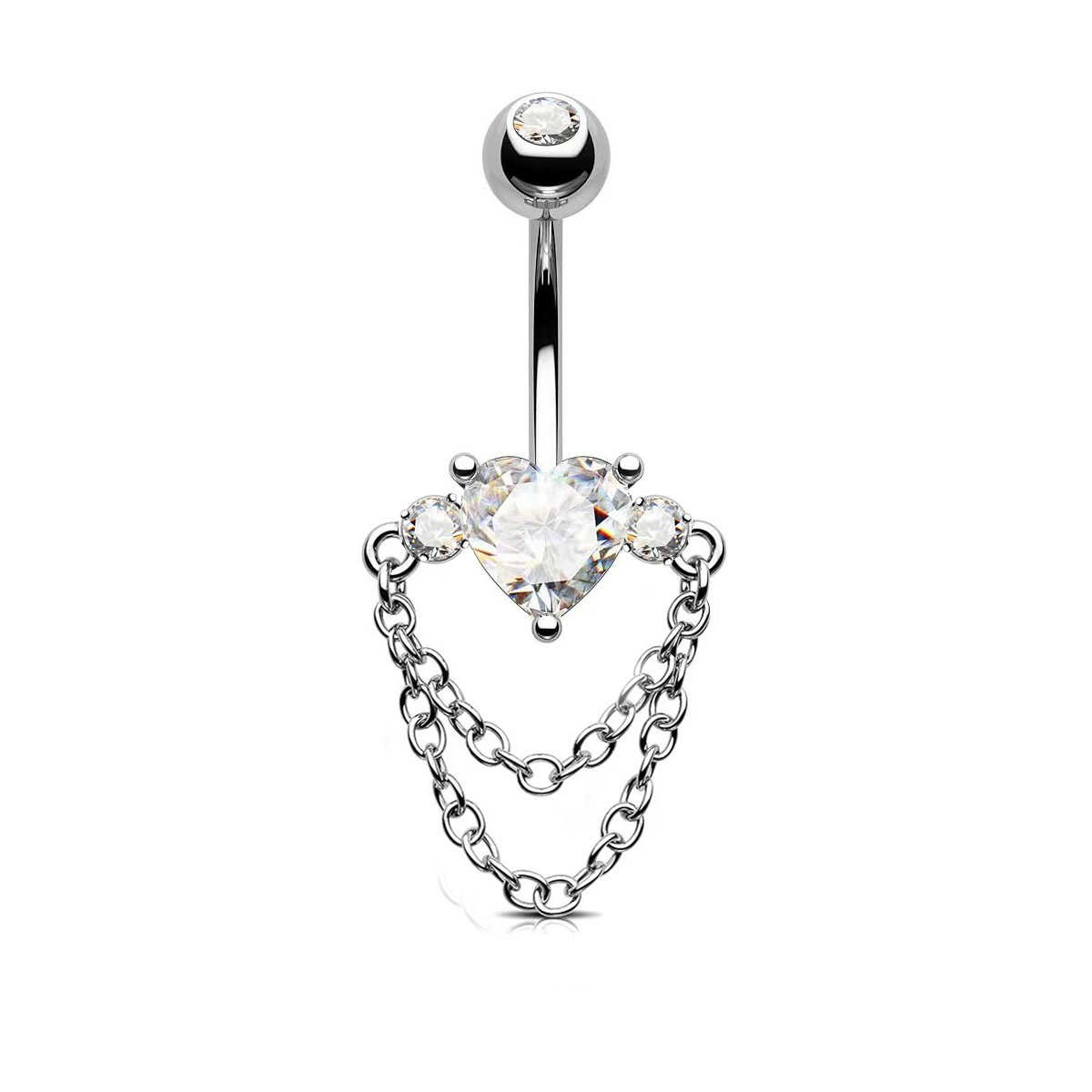 Anello per ombelico curvo in acciaio inossidabile, serie a catena, cuore, zircone, gioielli per piercing in stile street cross-border_voghion.com