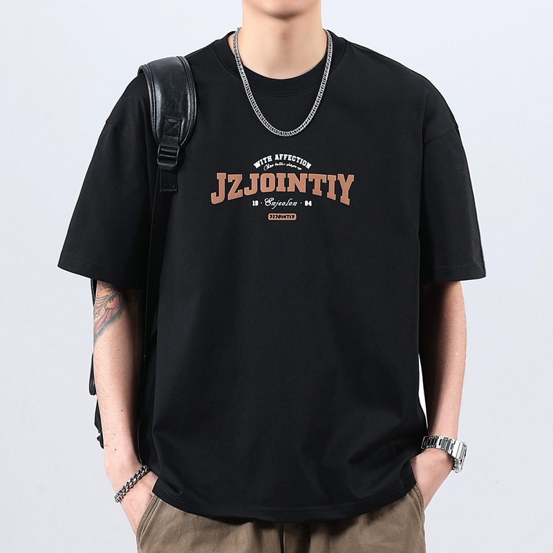 Summer Long-Sleeve T-Shirt for Tall Men, Wholesale Cotton Elastic Letter Print American Style Loose Short-Sleeve T-Shirt, Men's Plus Size
