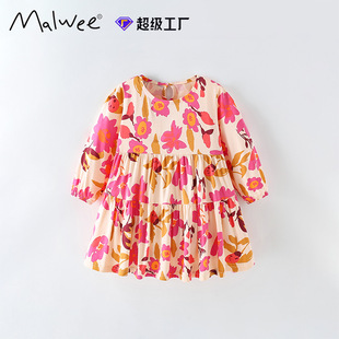 Cross-Border Malwee Girls' Dress Autumn Round Neck Long-Sleeved European and American Kidsren's Style Printed Kidsren's Skirt