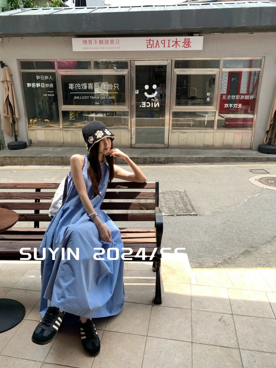 프랑스 스타일 홀리데이 스타일 우아한 블루 조끼 원피스 여성 여름 새로운 디자인 센스 타이트 허리 슬림 A-라인 긴 원피스