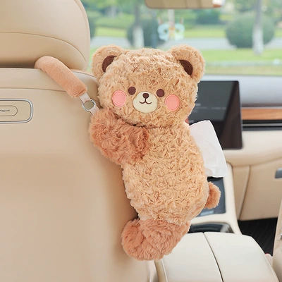 Car-mounted trash bin, hanging storage box for car seat back, multifunctional waterproof trash bin, cartoon car interior accessory (Car storage bag/box) - smiling-bear-hanging-tissue-box