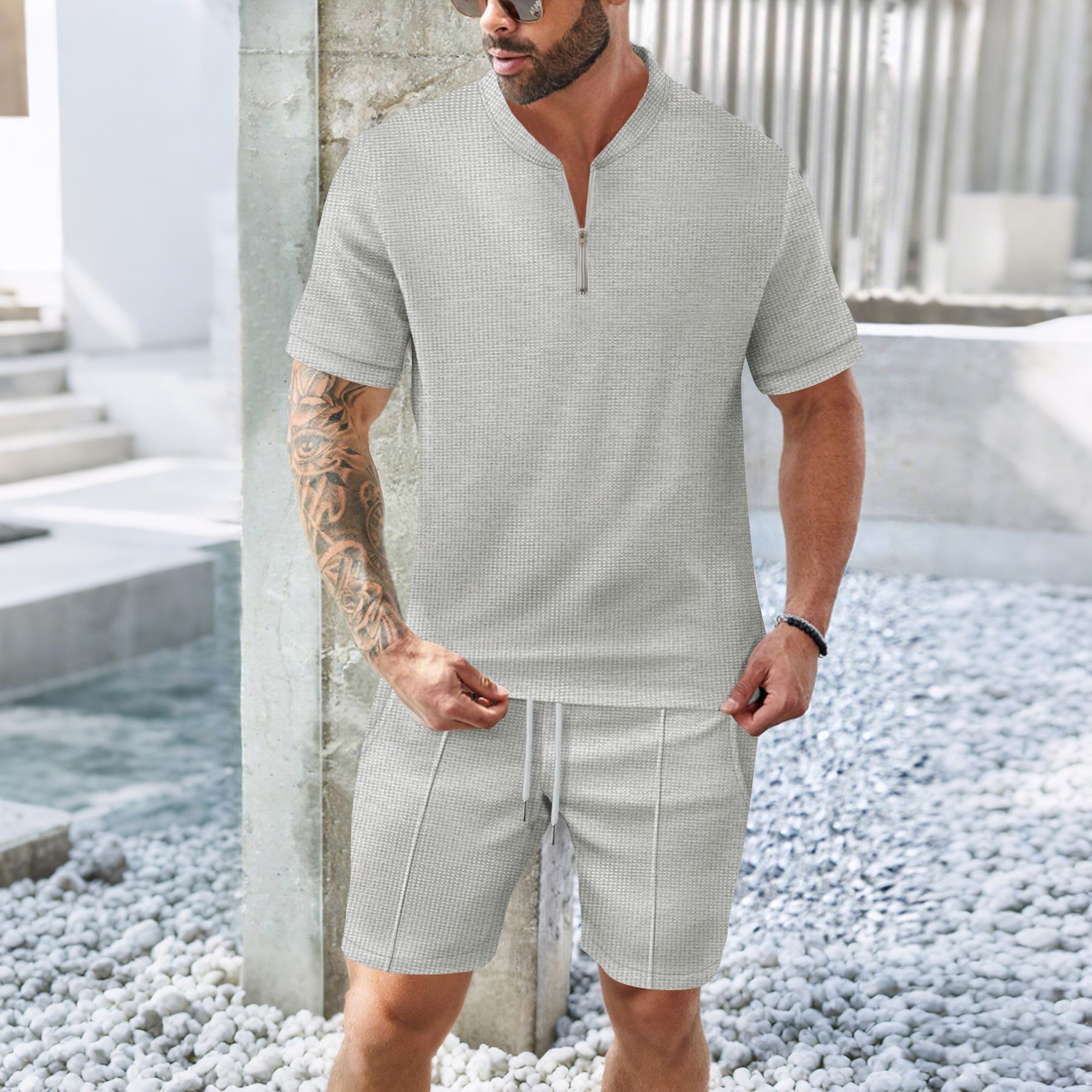 Men's European American Waffle Stand Collar Zipper Breathable Solid Color Casual Comfortable Short Sleeve Two Piece Set_voghion.com