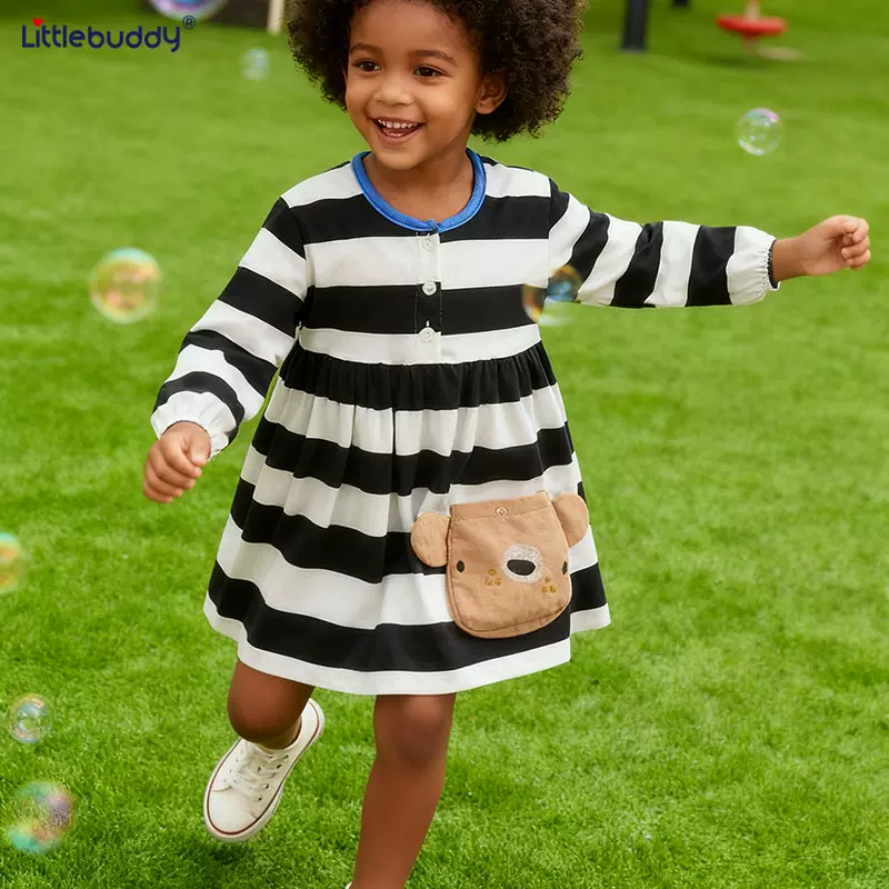 跨境欧美洋气女童连衣裙秋冬新款欧美中小童圆领长袖大条纹公主裙