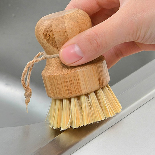 Kitchen cleaning brush sisal palm nan bamboo short handle round dish brush dishwashing brush household pot brush coconut palm short handle brush