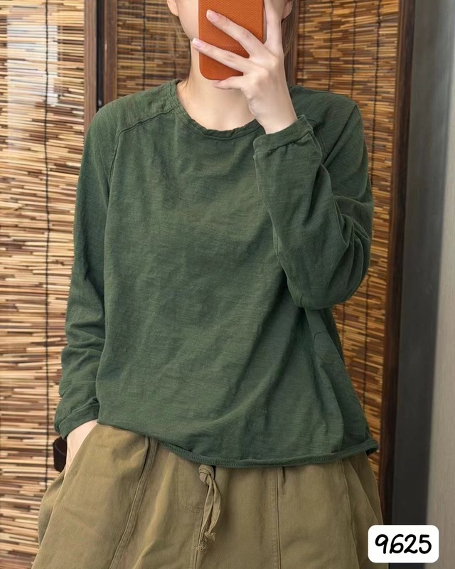 2025秋款文艺纯色卷边棉质打底衫女圆领长袖宽松百搭显瘦套头T恤|undefined