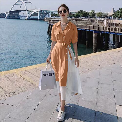Fake two-piece short-sleeved V-neck mid-length dress 2025 summer meat-covering French long skirt waist-hugging women's skirt A-line skirt